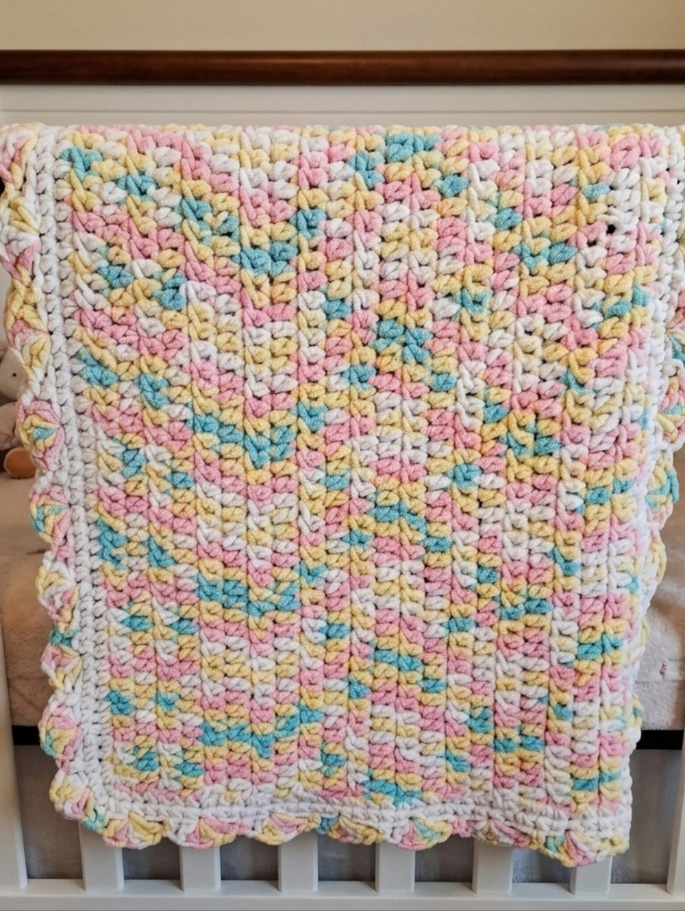 Vintage Crocheted Baby Blanket Unisex Pastel Blue Pink Yellow Scalloped 38x41